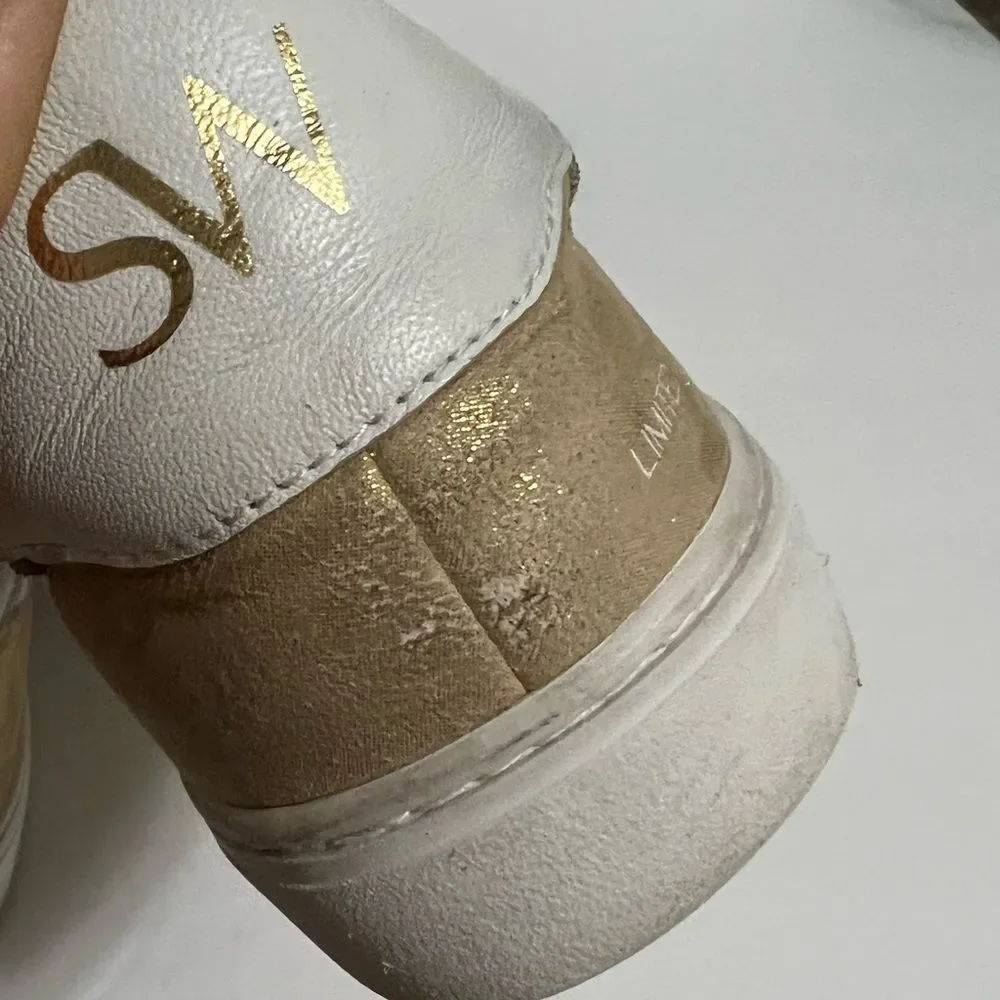 Stuart Weitzman Daryl Metallic Leather Sneakers Gold And White Size 7